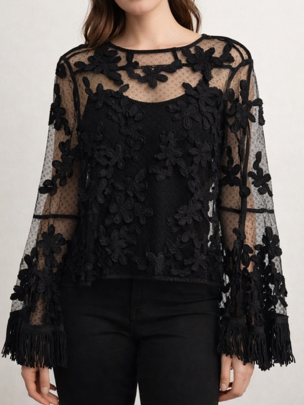 Anthropologie Endless Rose Mesh Floral Appliqué Lace Fringe Cuff Top Medium